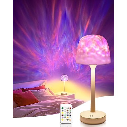 Ocean Wave Cordless Projector Light, RGB Color Changing Table Lamp, Portable Battery Night Light LED Aurora Projector with Remote Control for Bedroom Living Room Game Party Atmosphere Lights