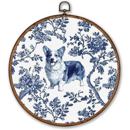Voxitura Rustic Floral Dog Corgi Wall Art Round Framed, Blue And White Chinoiserie Wall Decor Canvas Hanging Living Room, Cute Cottagecore Paintings Prints Artwork Decorations for Bedroom 10x10in
