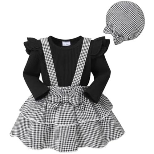 Infant Baby Girl Fall Outfit Ruffle Sleeve Romper Plaid Suspender Skirt Sets Layered Dress with Hat