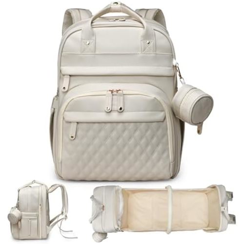 Leather Diaper Bags with Changing Station，Baby Bag，Large Capacity Diaper Bag Backpack for Moms Dads,Waterproof Diaper Backpack（Beige）