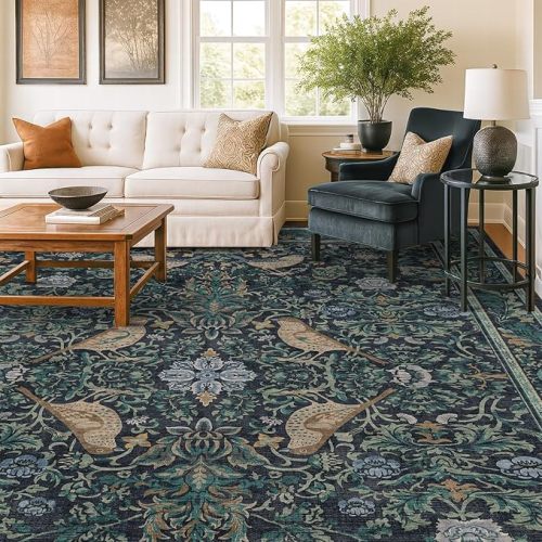 Dark Blue and Green Washable 8x10 Area Rugs for Living Room - Soft Non Slip Botanical Rug for Dining Room Under Table, Bedroom Under Bed, Vintage Large Carpet Decor Stain Resistant
