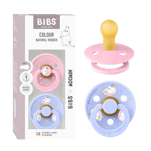 Moomin x BIBS Colour Pacifier, 0-6 Months, 2-Pack, Round, Baby Pink/Hush | Natural Rubber | Size 1 | BPA-Free | Made in Denmark | High Nipple Acceptance | Airflow Holes | Comfort Shield