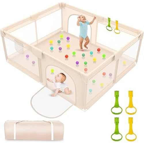 Playpen for Babies and Toddlers 79x71inch - Extra Large Baby Gate Playpen with Soft Breathable Mesh Cover - Indoor and Outdoor Baby Playpen - Portable Playpen for Babies (Apricot)