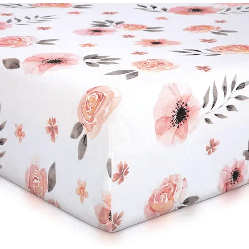 Pink Floral Girl Crib Sheet - 100% Finely Combed Cotton, Breathable, Super Soft Watercolor Rose Baby Girl Crib Sheets, 52' x 28' x 9' Fits Standard Mattress