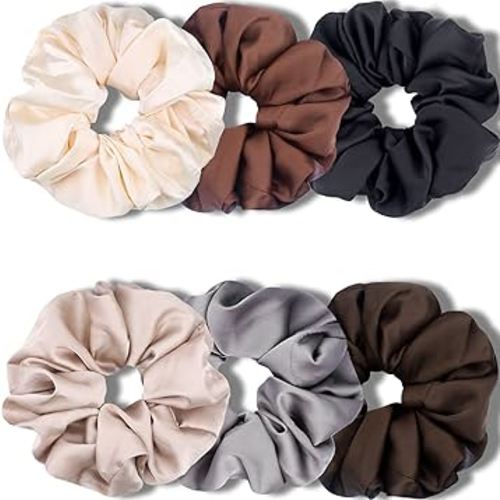 IVARYSS Big Scrunchies for Women Thick Hair, Premium Satin Softer than Silk, XL 6 Inch Extra Large Scrunchy Elastic Hair Bands Accessories, 6 Pack, Neutral
