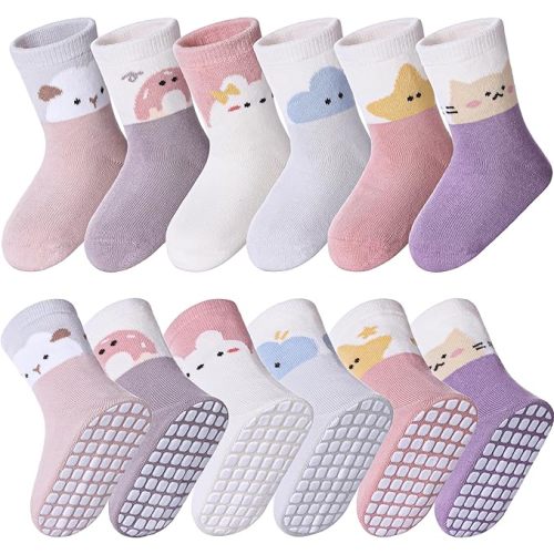 MQELONG 6 Pairs Baby Girls Non Slip Crew Socks Grips Socks for Infants Toddlers Kids Girls