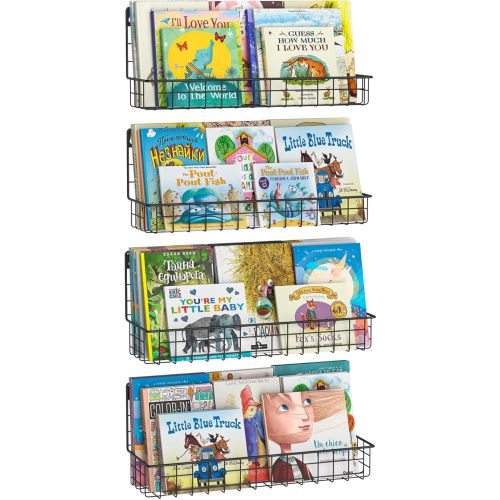 X-cosrack 4-Pack Wall Mounted Metal Kids Bookshelf, Floating Book Shelves for Kids Nursery Toddler Classroom, Hanging Book Shelf Organizer for Room Decor, Black