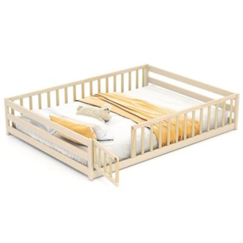 Costway Full Size Floor Bed with Full Length Safety Guardrails & Door for Boys, Girls Natural