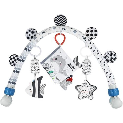 Baby Activity Travel Mobile Arch Bassinet Toy, Black and White High-Contrast Crib Toys, with Rattle and Book, Strolle,Pram and Crib Attachment with Hanging Toys (Ocean)