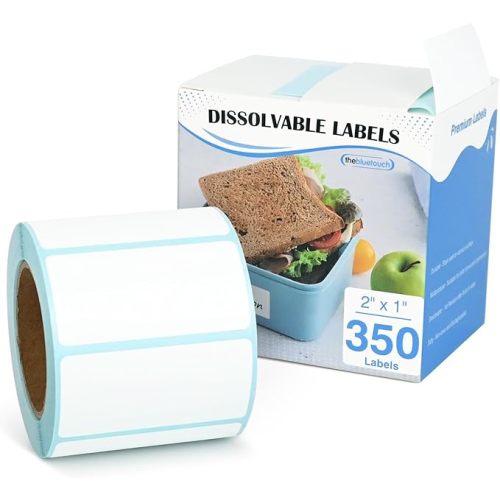 THEBLUETOUCH Dissolvable Food Labels with Dispenser - 1" x 2" Water Dissolving Labels, No Residue for Meal Prep & Food Storage Containers, 350 Count (1 Rolls of 350)