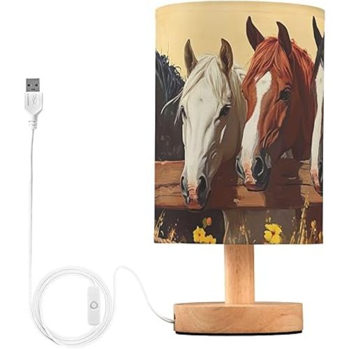 Bedside Lamp Wild Horse Table Lamp with USB Port Wood Base for Living Room,Bedroom,Nightstand 214b6340