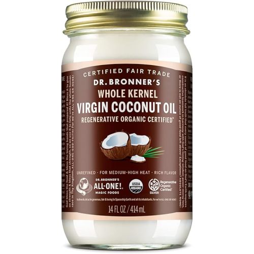 Dr. Bronner's - Organic Virgin Coconut Oil (Whole Kernel, 14 Ounce) - Coconut Oil for Cooking, Baking, Hair & Body, Unrefined & Fresh-Pressed, Rich & Nutty Flavor, Fair Trade, Vegan, Non-GMO