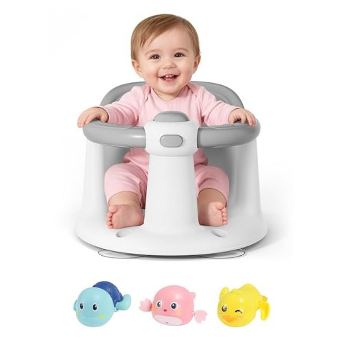 Baby Bath Seat for Babies 6 Months & Up - Bathtub Seats for Babies with 3 Baby Bath Toys, Non-Slip, Comfortable, Infant Bath Essentials-Grey