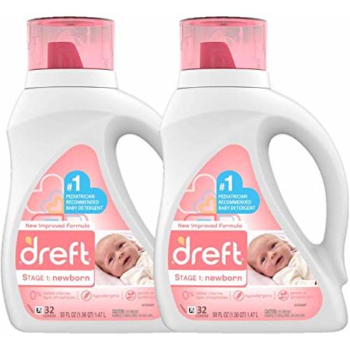 Dreft Stage 1: Newborn Hypoallergenic Liquid Baby Laundry Detergent (HE), Natural for Baby, Newborn, or Infant, 32 Loads (Packaging May Vary), 50 Fl Oz (Pack of 2)