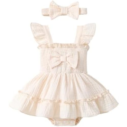 Newborn Baby Girl Summer Clothes Sleeveless Smocked Romper Dress Ruffles Jumpsuit Bodysuit with Bow Headband