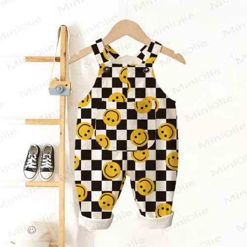 Baby Toddler Checkerboard Smiling Face White Overalls