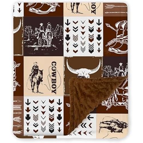 Western Baby Blanket, Cowboy Minky Blankets for Boys Girls, Nursery Room Decor, Soft Warm Lightweight Nursery Bed Blanket for Newborn Toddlers Son Daughter (08)