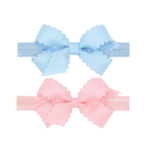 Wee Ones Girls Two Mini Scallop Bows With Bands, Mini, Millenium Blue and Light Pink