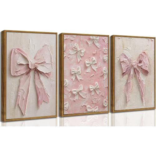 Framed 3D Textured 3Pcs Vintage Trendy Pink Bow Canvas Wall Art 12x16in | Cute Preppy Watercolor Bow Picture Wall Decor Girly Aesthetic Poster Print Artwork for College Apartment Bedroom Decoration