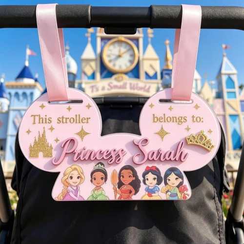 Personalized Disney Princess Wooden Stroller Sign, Disney Princess Baby Stroller Tag, Disneyland Family ID Baby Girl Stroller Tag