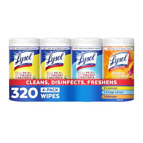 Lysol Disinfecting Wipes, Cleaner, Lemon + Mango + Linen, 80 ct. (4 Pack) | All Purpose Cleaner, Sanitizing, Deodorizing, Apartment Essentials, Back To School Cleaning Supplies, Kitchen & Bathroom Wipe