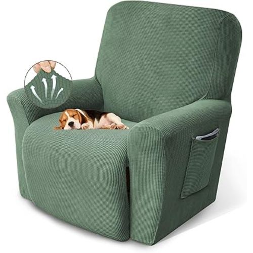KEKUOU Recliner Chair Covers Lazy Boy Recliner Covers Stretch Couch Cover Slipcovers 1 Piece Furniture Protector with Elastic Bottom for Dog,Kids.(Recliner, Greyish Green)