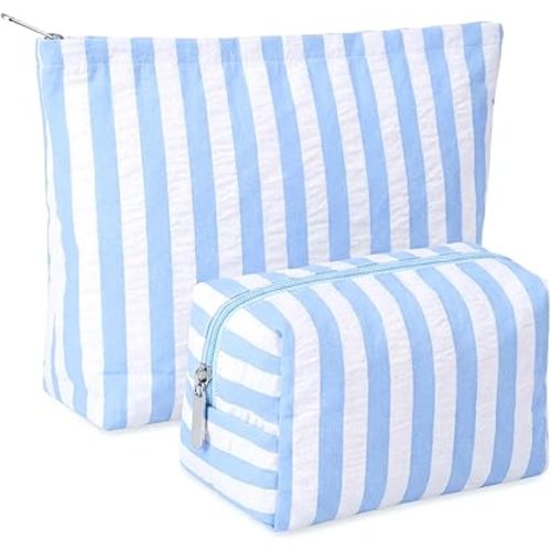 2 Pcs Makeup Bag Set Cute Cosmetic Pouch for Women Seersucker Travel Toiletry Bag Preppy Small Makeup Purse Pouch Aesthetic Skincare Brushes Storage Organizer for Valentine Women(Blue Wide)