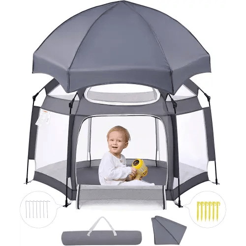 Babelio Baby Playpen with Canopy, Pop up Toddler Tent, Travel/Nap, Indoor and Outdoor, Portable&Foldable, Beach Tent, Sun Protection, Double-Door, One-Touch Storage - Grey