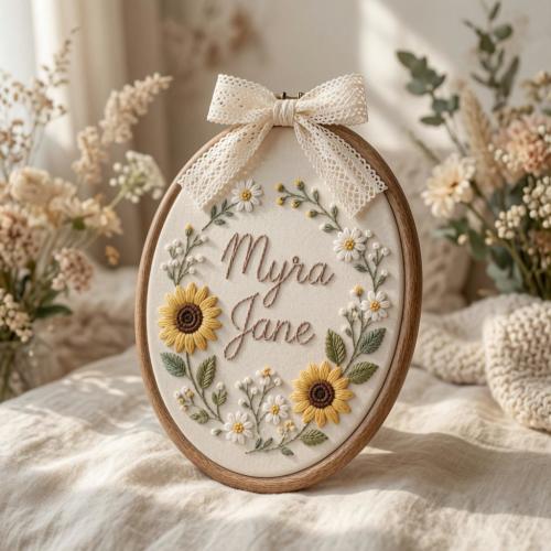 Personalized Floral Embroidery Hoop, Custom Name Embroidered Hoop Art, Sunflower Nursery Decor, Baby Shower Gift for Girl