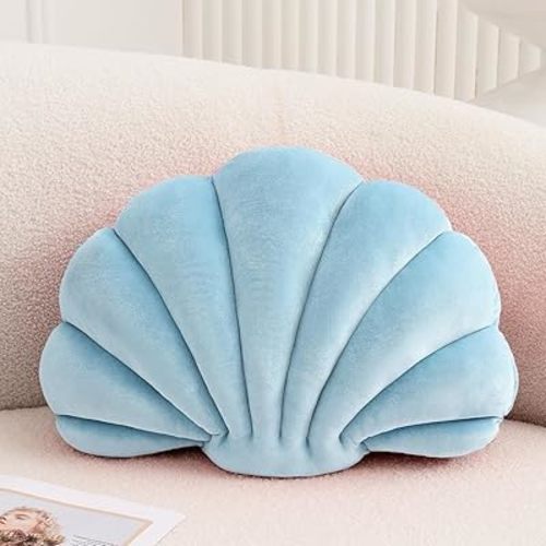 Seashell Decorative Pillow Shell Shaped Throw Pillow 3D Insert Beach Pillow Soft Velvet Pillow Sea Ocean Decoration Couch Bed Pillow Cushions(Blue,14 X 11 inch)