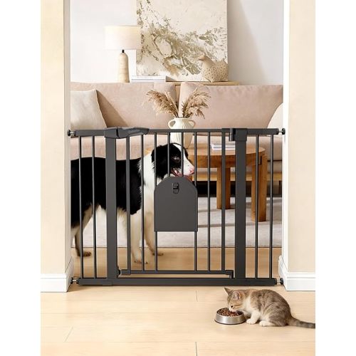 Babelio Auto Close Baby Gate with Cat Door,29-43" Metal Gate for Doorway,Stairs, House,Easy Walk Thru with Pet Door,Includes 4 Wall Cups and 3 Extension Pieces,Black