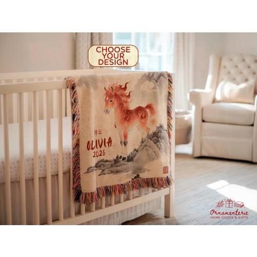 Year of the Fire Horse 2026 Baby Woven Blanket – Lunar New Year Newborn Gift – Chinese Zodiac Birth Year Keepsake – Personalized Baby Throw