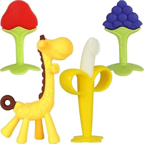 HAILI XMGQ Baby Teething Toys, Baby Teether Chew Toys Safe BPA Free Freezer Teether for Babies Silicone Banana Toothbrushes Fruit Giraffe Teethers
