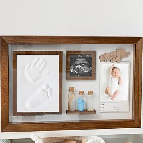 Baby Hand and Footprint Kit, Baby Memory Keepsake Box Frame with Tooth Box & First Curl Holder, Newborn Footprint Kit, First Haircut Keepsake, 1st Year Gift for Newborn Boys, Girls & New Moms-to-Be