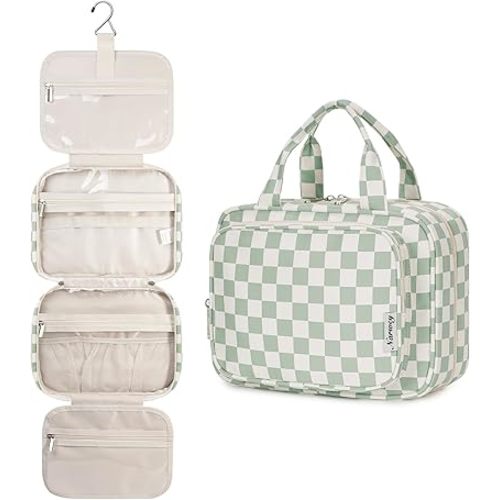 Narwey Hanging Toiletry Bag for Women Travel Checkered Makeup Bag Organizer Toiletries Bag for Travel Size Essentials Accessories Cosmetics (Mint Green Checkerboard (Medium))