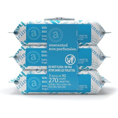 Amazon Elements Baby Wipes, Unscented, Hypoallergenic, Alcohol-Free, With Aloe and Vitamin E, 270 Count, Flip-Top Packs