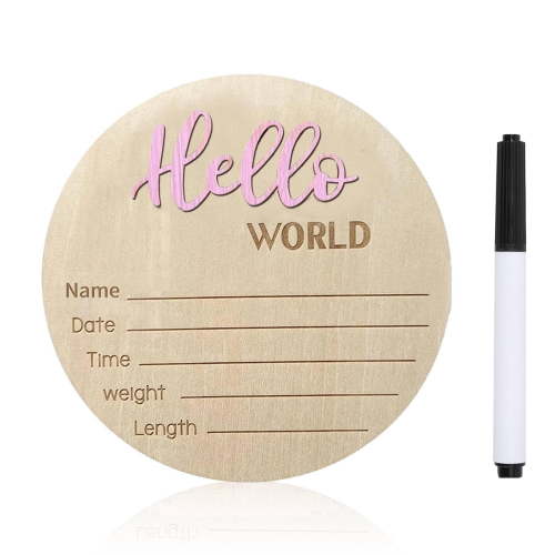 Baby Announcement Sign, 5.9 Inch Wooden Hello World Newborn Signs, Birth Announcement Sign, Baby Shower Hospital Nursery for Newborn Boys and Girls (Light Pink）