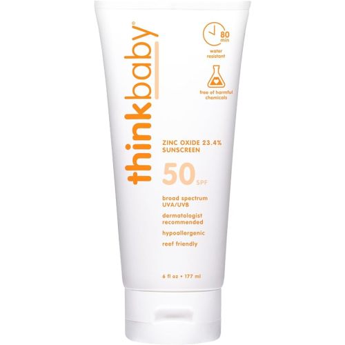 Thinkbaby SPF 50+ Baby Sunscreen, 6 Oz. – Safe, Natural Mineral Sun Cream for Babies - Water Resistant – Broad Spectrum UVA/UVB Sun Protection – Vegan Sunscreen for Kids