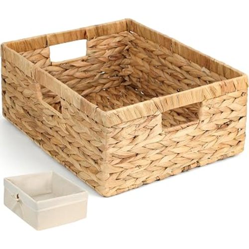 Wicker Shelf Storage Baskets for Organizing - Natural Water Hyacinth Woven Basket Organizers & Storage for Shelves w/Handles & Cotton Liner for Home & Pantry Decor Organization, Large 15” x 12” x 6”