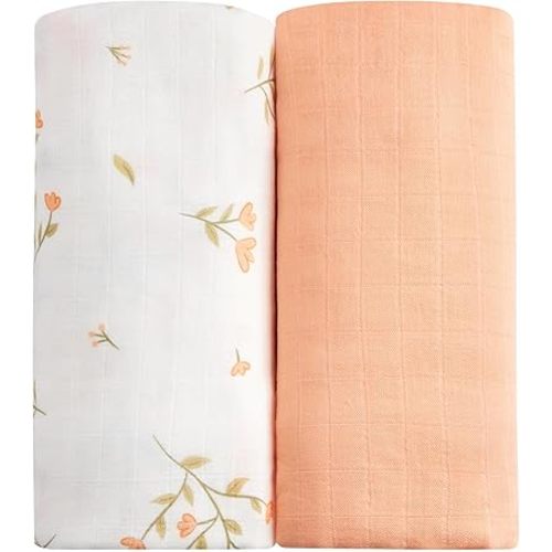 2-Pack Muslin Swaddle Blankets, 70% Rayon from Bamboo & 30% Cotton, Large 47 x 47 Inches, Soft & Breathable Receiving Blankets for Unisex Newborns, Set (Peach Blossom Whispers)