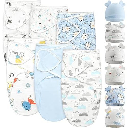 Ramede 6 Pack Baby Swaddle Blanket with Hats Sleep Swaddle for 0-3 Months Newborn Sacks Soft Cotton Wearable for Boy Girl(Heart,Blue)