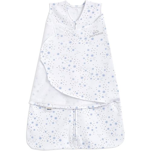 HALO 100% Cotton Sleepsack Swaddle, 3-Way Adjustable Wearable Blanket, TOG 1.5, Midnight Moons Blue, Small, 3-6 Months