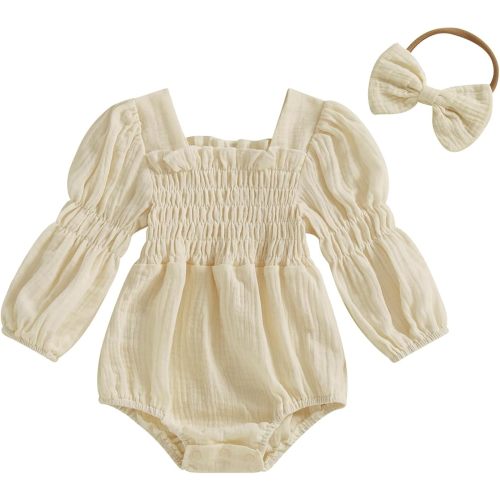 Smocked Baby Girl Clothes Newborn Girl Bubble Romper Long Sleeve Jumpsuit And Headband Outfit Cute Infant Clothing