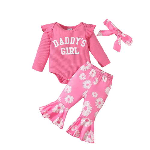 Curenmufel Baby Girl Romper And Pants Set Baby Girl Clothing Set 3pc Frill Long Sleeve Romper and Pant Set Baby Girl Newborn Outfits Coming Home 0 3 6 9 12 18 24 Months (Hot Pink,3-6 Months)