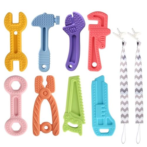 8 Pack Chew Baby Teething Toys for 0-12 Months, Freezable BPA Free Silicone Baby Molar Teether Chew Toys, Hammer Wrench Spanner Pliers Hand Saw Shape Baby Girl's Boy Car Seat Toy