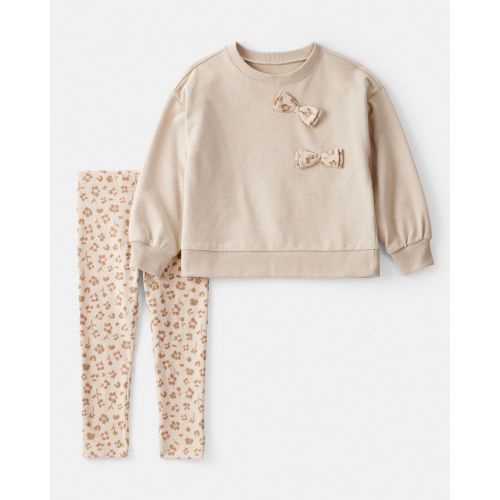Toddler Girl Bow Floral French Terry Sweatshirt & Pant Set - Beige | Carter's