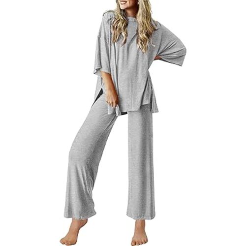 Ekouaer Lounge Sets for Women Short Sleeve Tops and Long Pants Soft Comfy Pajamas Set 2 Piece Outfits,Black,S at Amazon Women’s Clothing store