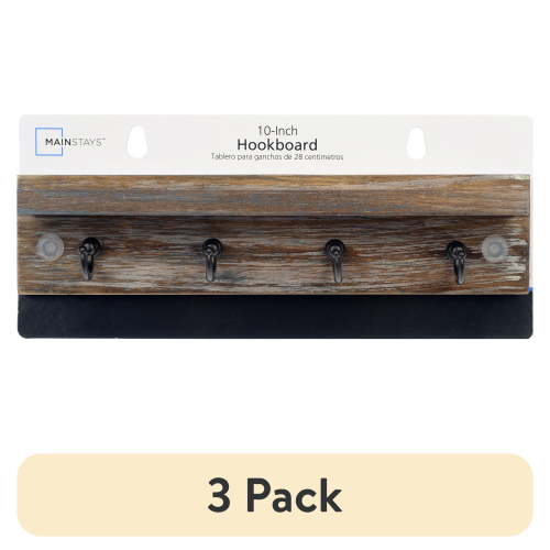 (3 pack) Mainstays 10 Inch Wooden Hookboard with Shelf, 4 Metal Hooks, Includes Mounting Hardware, Antique Grey
