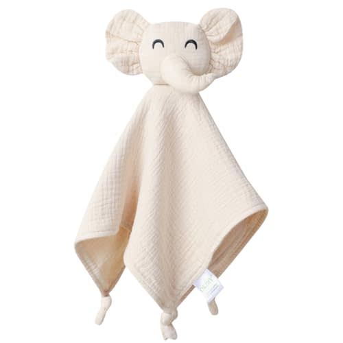 okdiy Organic Cotton Muslin Loveys for Babies,Security Blankets for Baby Lovey,Newborn Baby Gifts for Boys and Girls (Elephant-Khaki)
