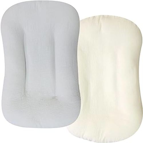 Hooyax Muslin Baby Lounger Cover 2 Pack, Organic Cotton Removable Slipcover for Newborn,Baby Padded Lounger Infant Floor Seat Cover for Boys Girls (Gray Creamy-White)
